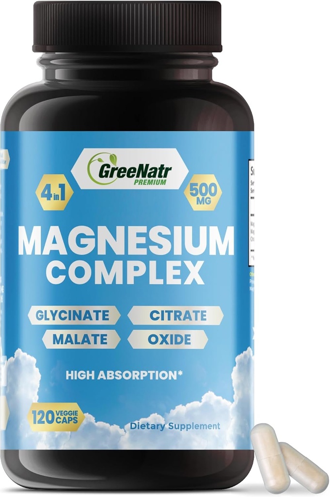 GreeNatr Magnesium Complex Supplement - Magnesium Supplementen met Glycinate, Citrate, Malate & Oxide - Magnesium Tablets for Digestion, Sleep, Heart Health, & Energy - Magnesium Vitamines 120 Telt