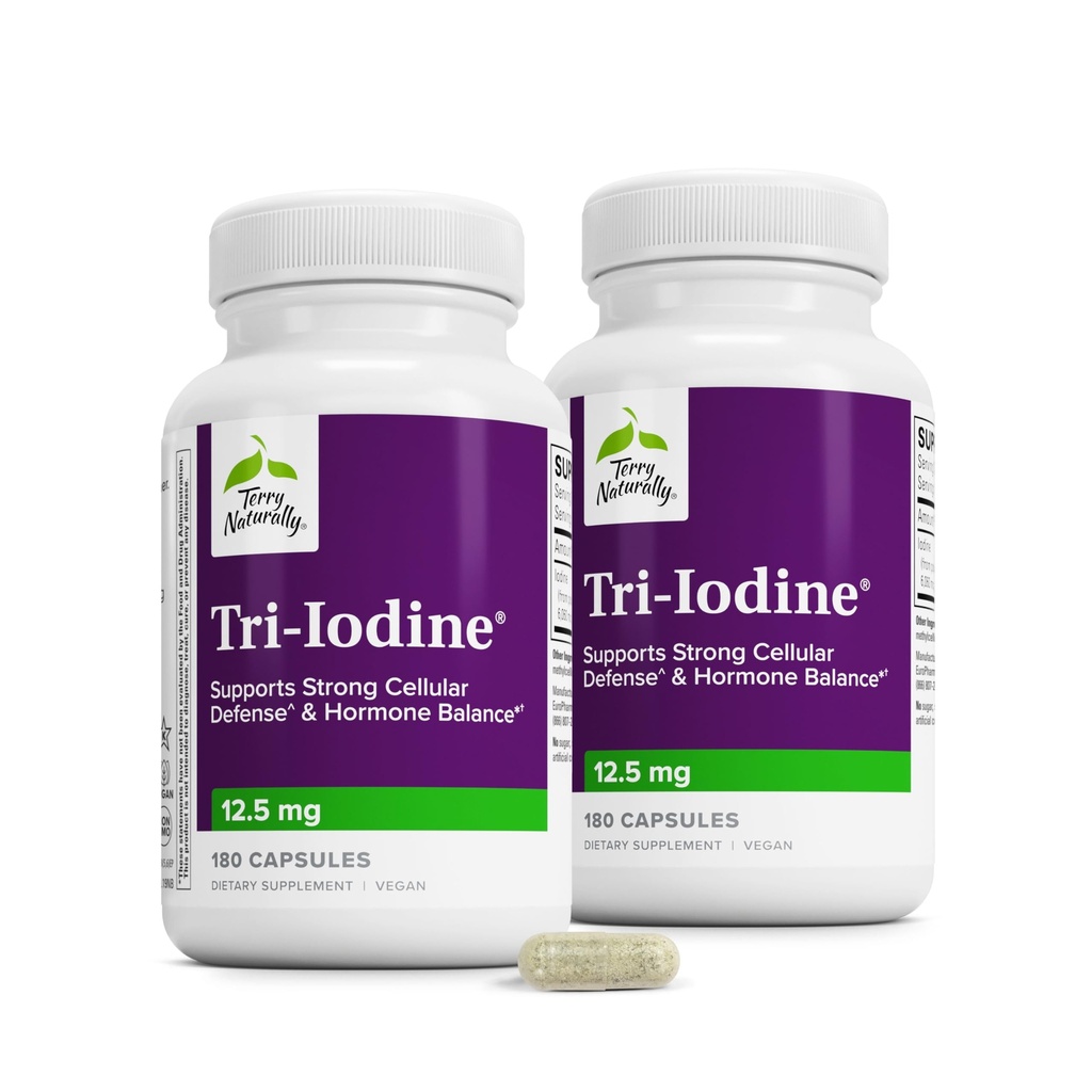 Terry Naturally Tri-Iodine 12.5 mg - Thyroid Health Supplement - 180 Count | Iodine. Thyroid and Hormone Balance Support. 180 capsules, Pack of 2.