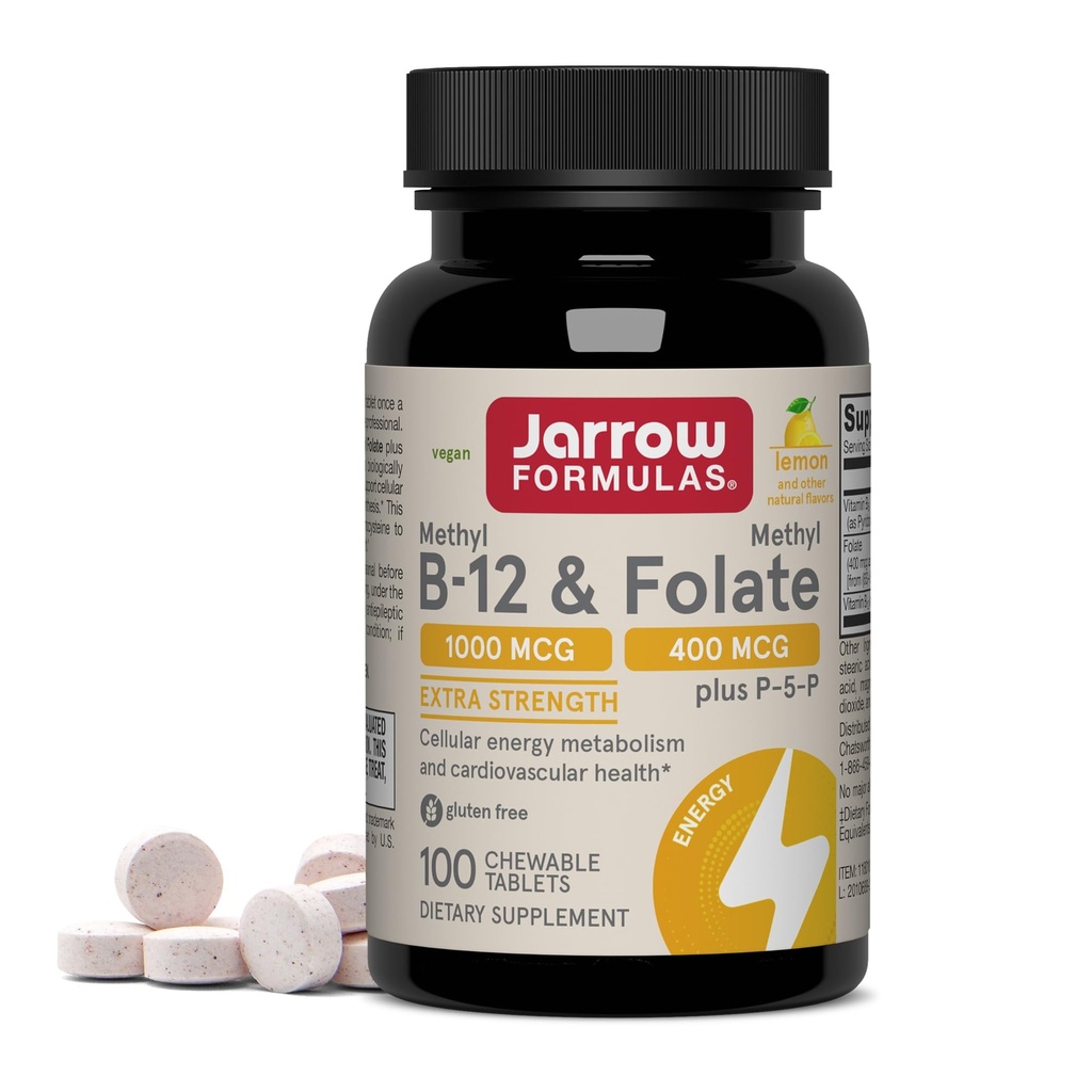 Jarrow Formules Methyl B-12 1000 MCG en Methyl Folate 400 MCG, Extra sterkte, Cellular Energy Metabolisme en Cardiovasculaire Health Formula(1) Met P-5-P, 100 Kauwtabletten, Tot een 100-daagse levering