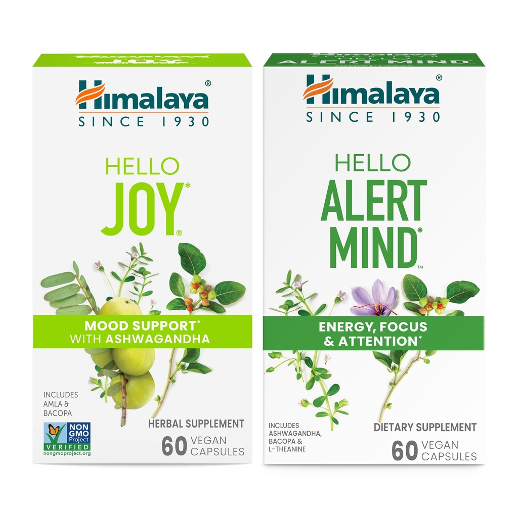 Himalaya Hello Joy with Ashwagandha for Improving Mood and Spirits & Himalaya Hello Alert Mind with Bacopa for Energy, Focus & Attention, Herbal Supplement, 60 Capsules Each