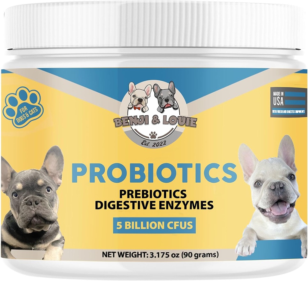 Hondenprobiotica, kattenprobiotica, probiotica voor honden, probiotica voor katten, 5 miljard CFUs + prebiotica + digestieve enzymen voor de spijsvertering van de gezondheid en immuunondersteuning, huid & jas, hond probiotica, 90 gram