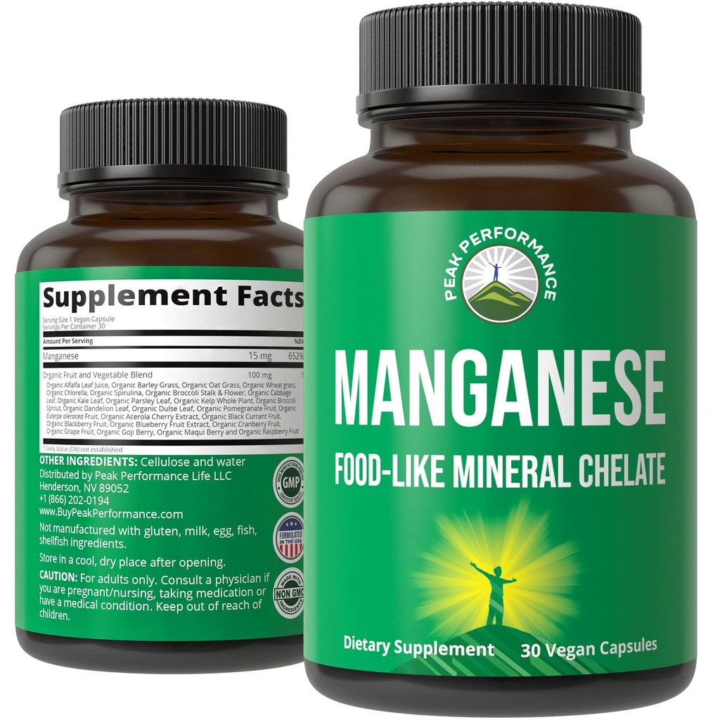 Mangaansupplement Voeding Zoals Mineral Chelated voor Superior Absorptie met hele voedsel Blend van 25+ Fruit en Groenten. Pure Trace Mineral Capsules voor Connective Weefsel, Bone Health, Enzyme Support