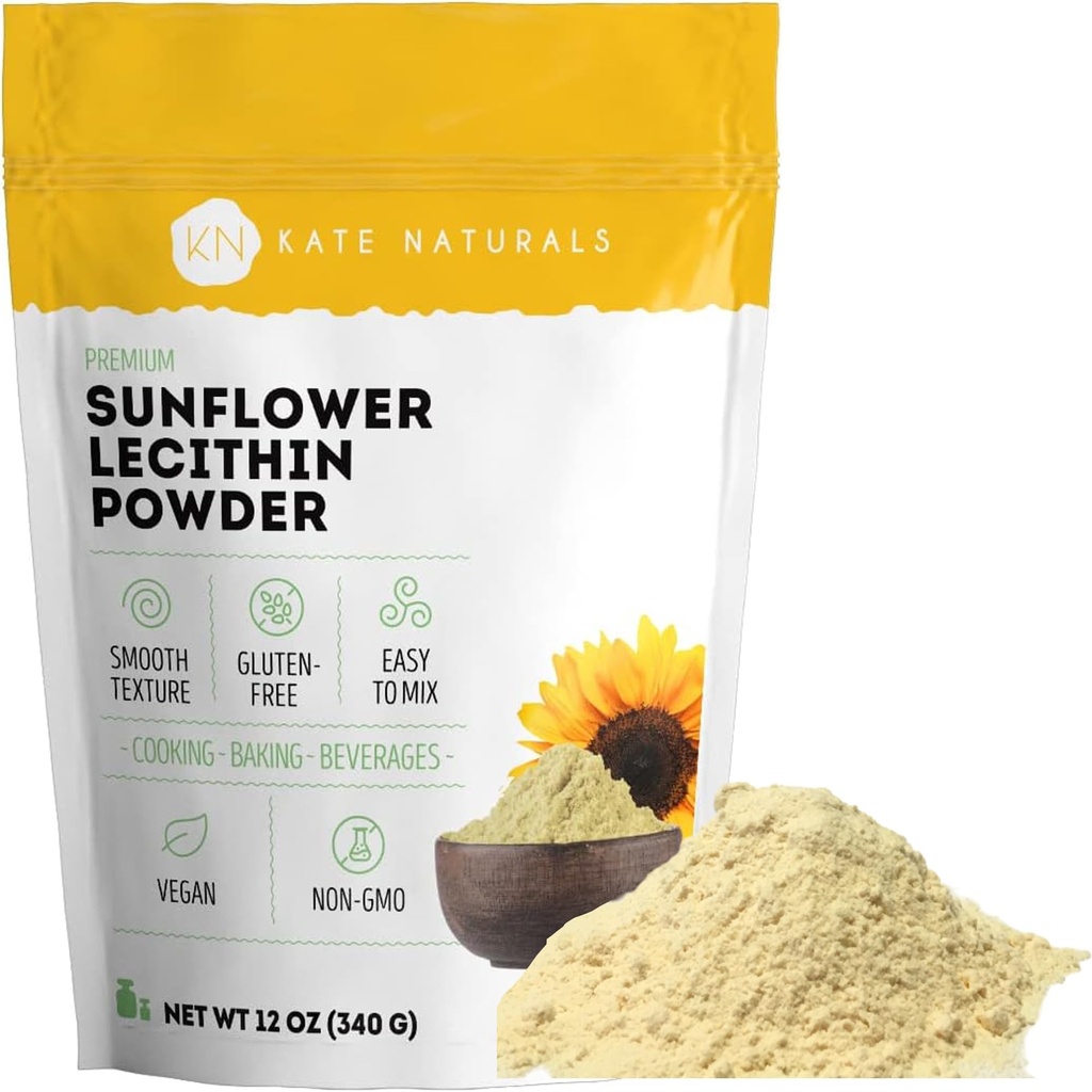 Kate Naturals Zonnebloem Lecithin Poeder voor het bakken van brood, Gummies, Koken. Lecithinesupplement voor geclogeerde melkproducten. Plaatsvervanger voor sojalecitijnpoeder (12oz, niet-GMO)