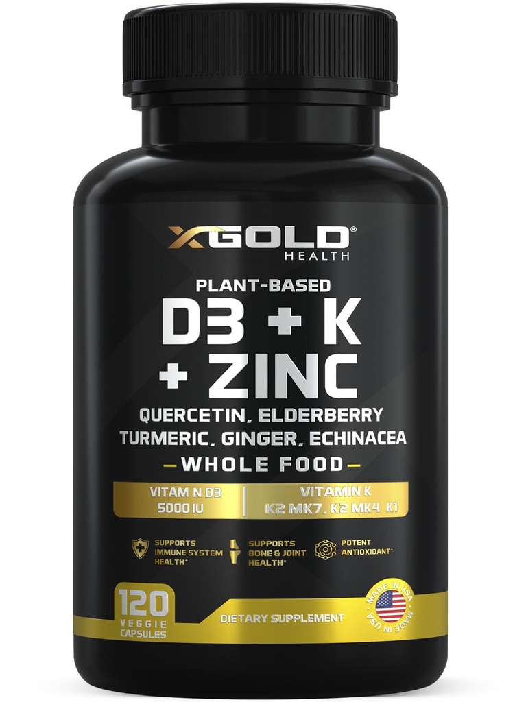 Vitamine D, K2, K1, zink, quercetine, vlierbessen, kurkuma, gember & echinacea Whole Food Supplement 8 in 1-D3 5000 IE plantaardige basis van lichen, vitamine K (K2 MK7, MK4, K1), vitamine D3 K2 -120 capsules
