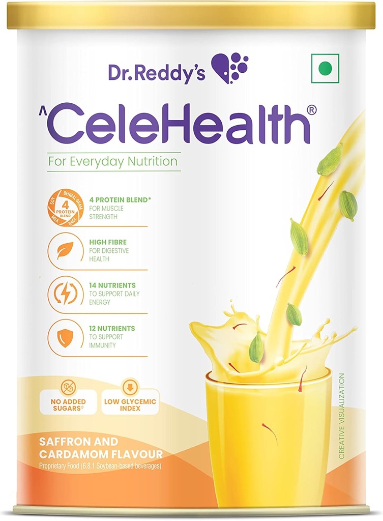 Dr ReddyS Celehealth boisson nutritionnelle, supplément protéinique pour usage quotidien, faible indice glycémique, Zéro sucre ajouté, safran et cardamon, 400g, jaune