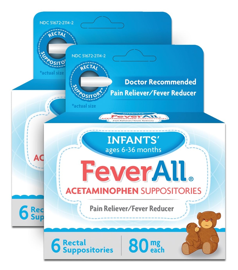 Feverall Infant Acetaminophène Suppositories 6 Suppositories rectales 80mg Chaque analgésique / Réducteur de fièvre. Sans parabène, sans colorant artificiel ou d'autres conservateurs. 6-36 mois. Valeur 3 Pack.