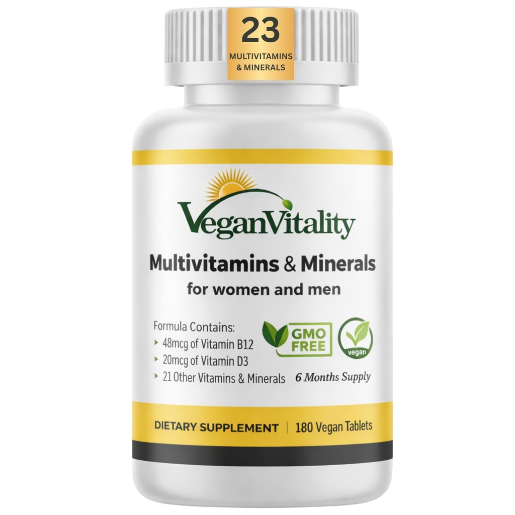 Vegan vitaliteit Multivitaminen & mineralen voor vrouwen en mannen met hoge sterkte Vitamine B12, D3 & K2. 180 Vegan Multivitamine Tablets - 6 maanden levering. Vitaminen voor veganisten en vegetariërs