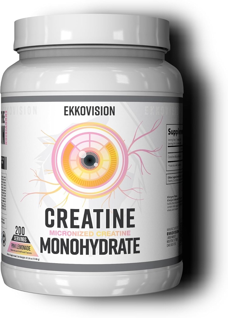Ekkovision Creatine Monohydraat poeder, gemicroniseerd, roze limonade, pre-workout & post workout supplement voor mannen en vrouwen, energie ondersteuning, gemakkelijk te mengen in Shakes, Smoothies & Dranken, 200 porties