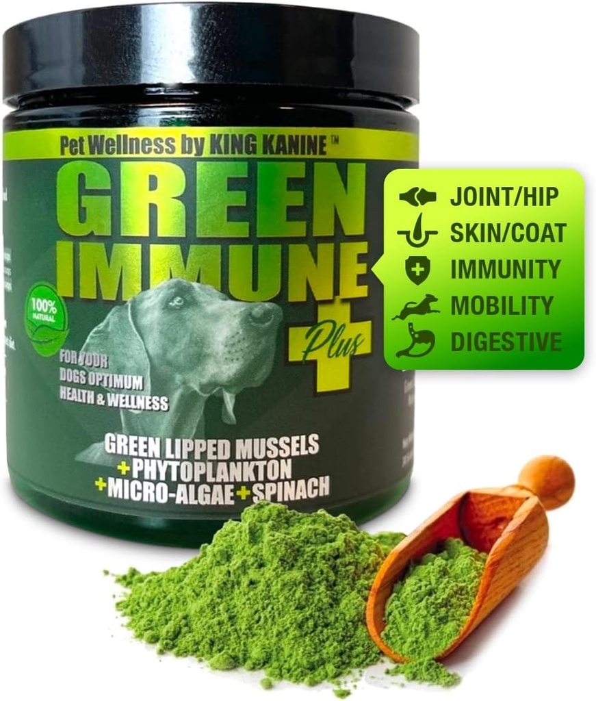 King Kanine Green Inmune Plus Multivitamine et Minéral 6 oz. Poudre biologique pour améliorer Joindre Mobility & Allergy Relief.