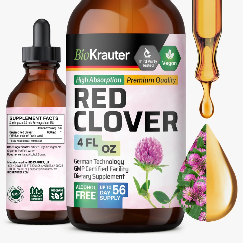 BIO KRAUTER Red Clover Tinctuur - Red Clover Extract - Liquid Supplement voor vrouwen ondersteuning - Alcohol en suikervrij - Vegan Drops 4 Fl.Oz.