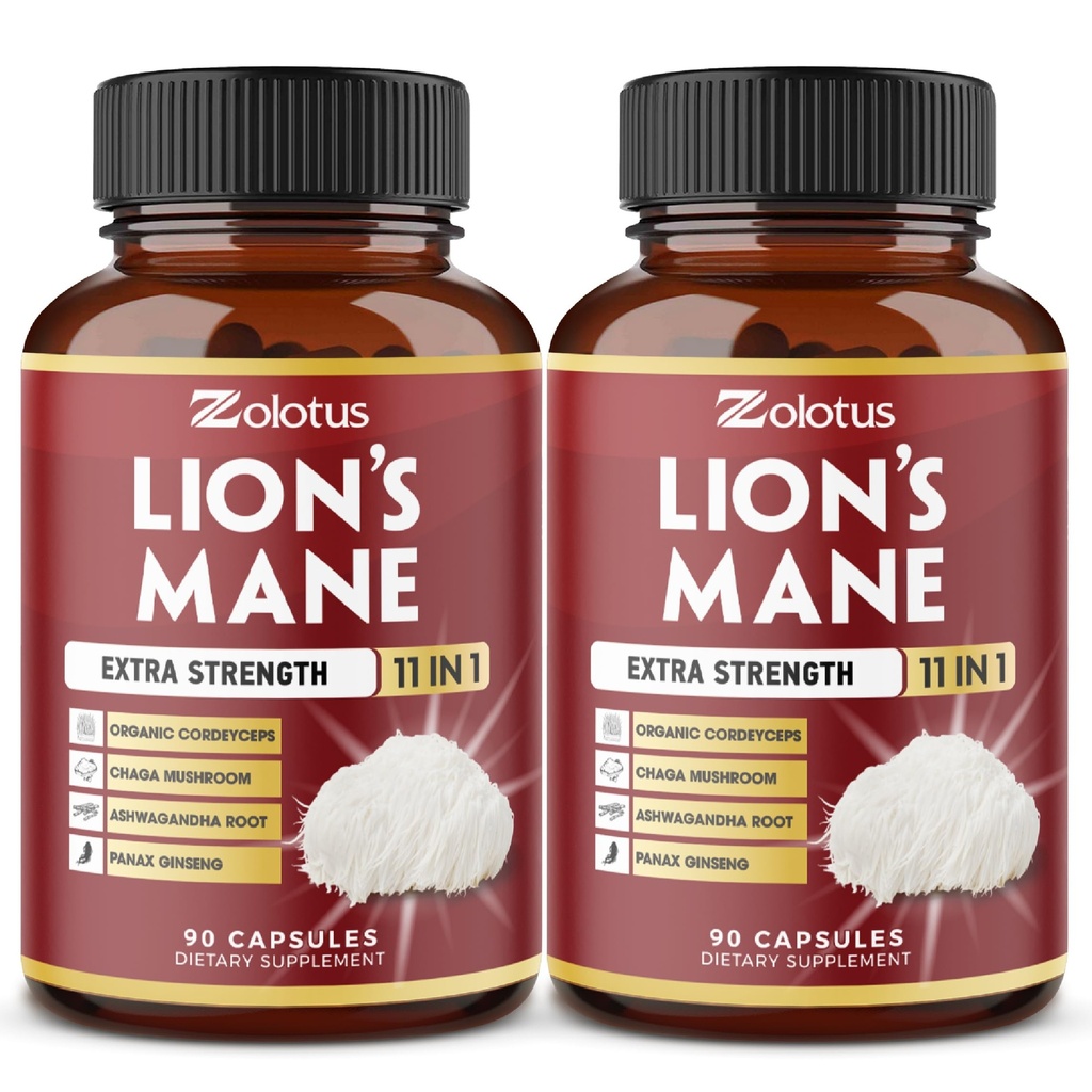 Zolotus 2 Packs 90 Capsules Lions Mane Mushroom Supplement, 6 maand levering met Cordeyceps, Reishi, Ashwagandha, Focus, Geheugen en Hersenen Ondersteuning Supplement, Immune Ondersteuning, Energie pillen
