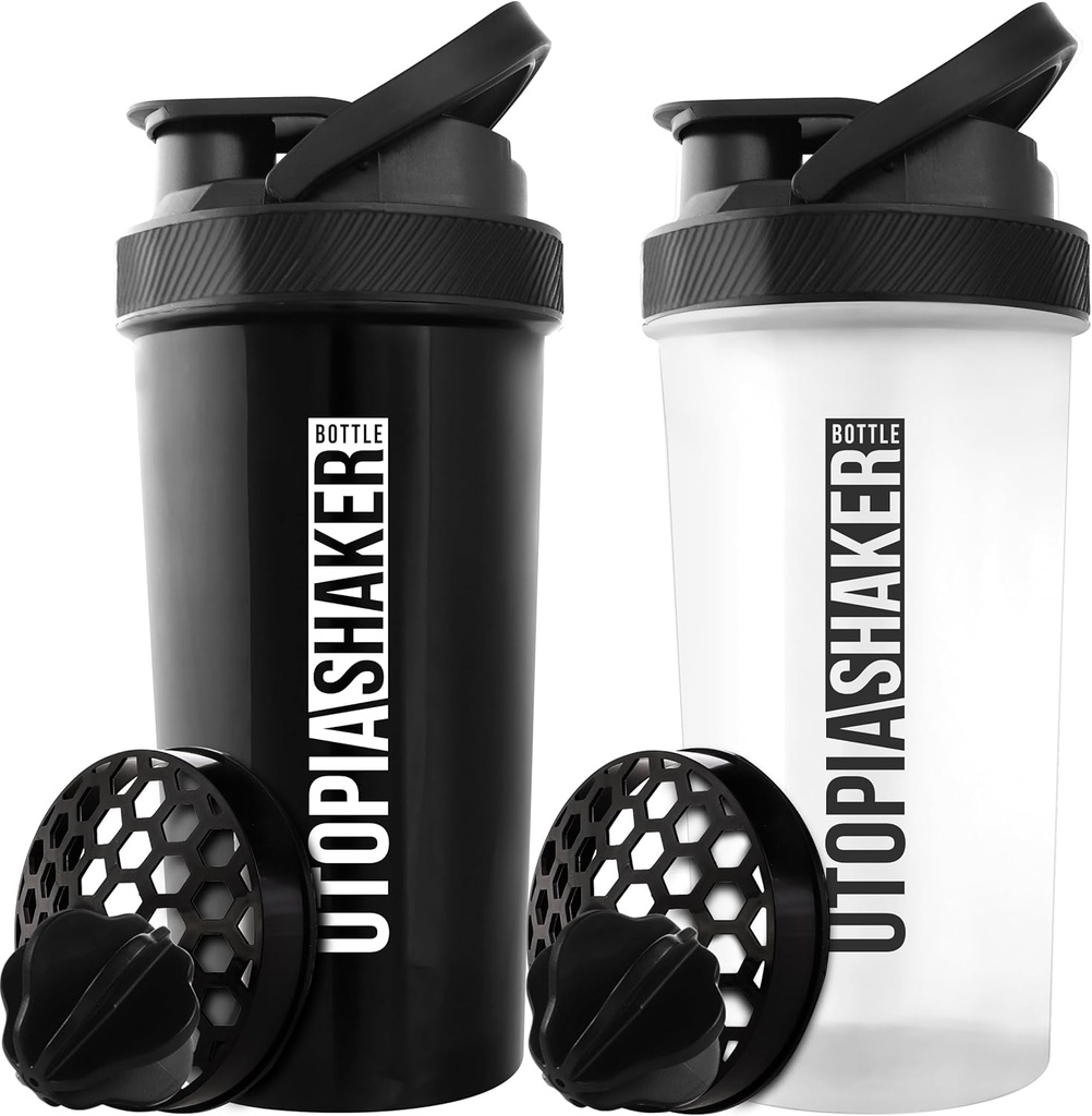 Utopia Home Protein Shaker Bottle - (Pack of 2) 28-once Shaker Bottles For Protein Mixes - Fitness Sports Classic Protein Mixer Shaker Bottle (Zwart & Clear/Black)