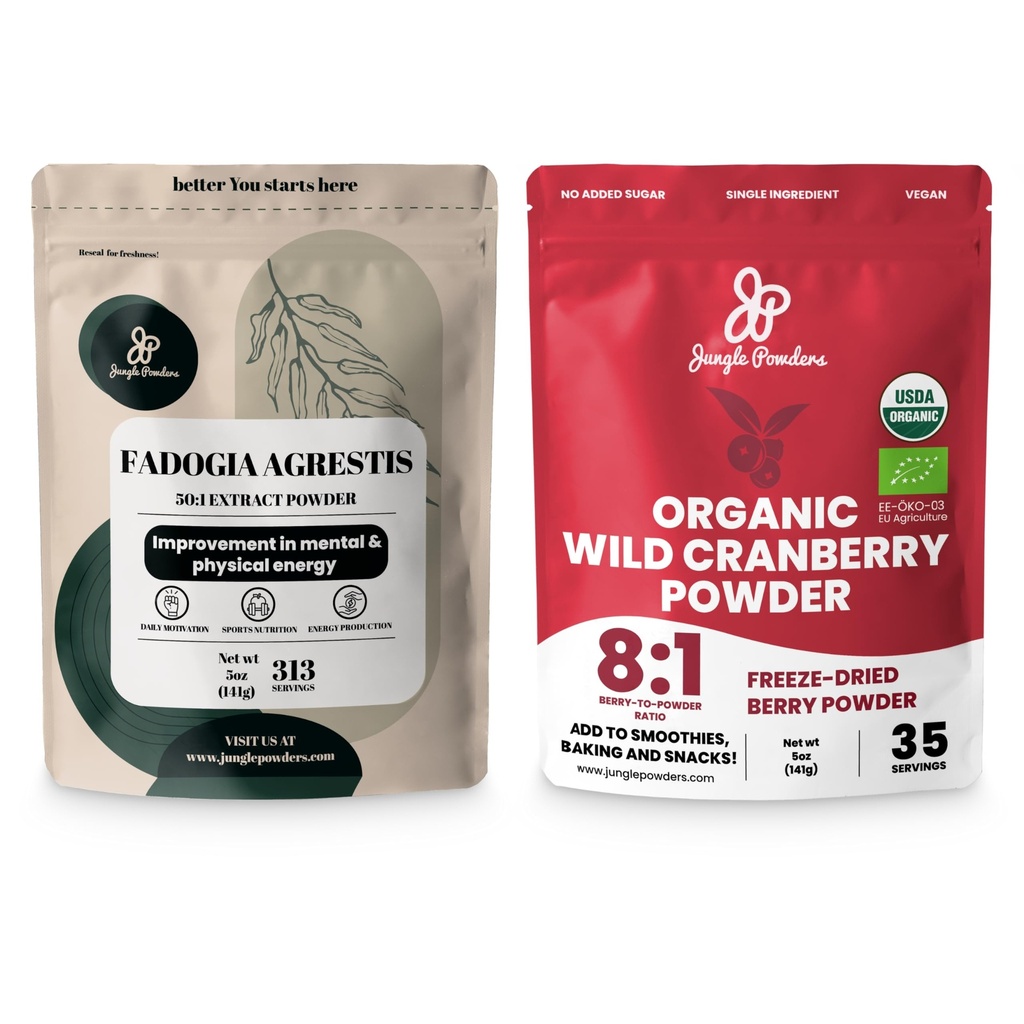 Junglepoeders Ultieme mannen Wellness Duo: 5oz Fadogia Agrestis Extract & 5oz Biologische Wilde Cranberry Poeder - Nigeriaanse Fadogia Supplement voor Drive & Passion, USDA Certified Cranberry Superfood