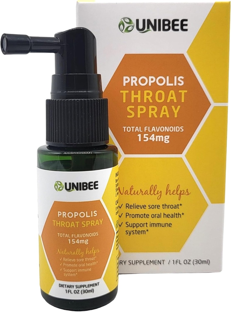 UNIBEE Propolis Throat Spray (Total Flavonoids 154mg) - Sore Throat Relief, Oral Health Promotion, Natural Immune Support, Alcoholvrije & Water-Soluble Propolis