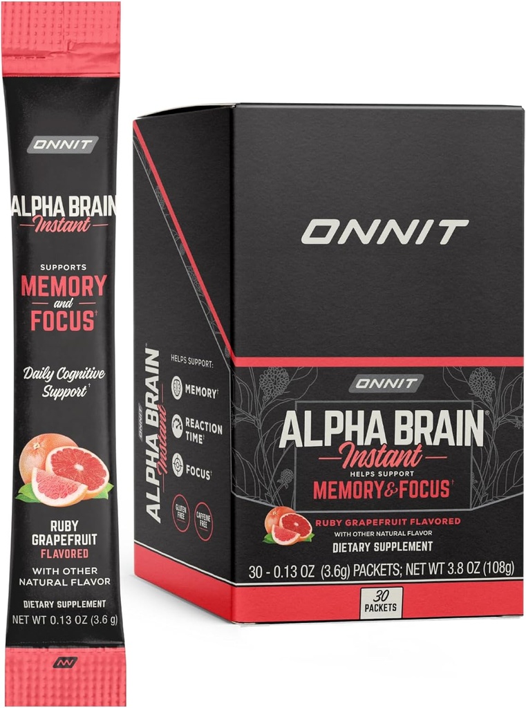 ONNIT Alpha Brain Instant - Ruby Grapefruit Smaak - Nootrope Brain Booster Memory Supplement - Hersenondersteuning voor focus, energie en helderheid - Alpha GPC Choline, Katten Klauw, L-Theanine, Bacopa - 30ct