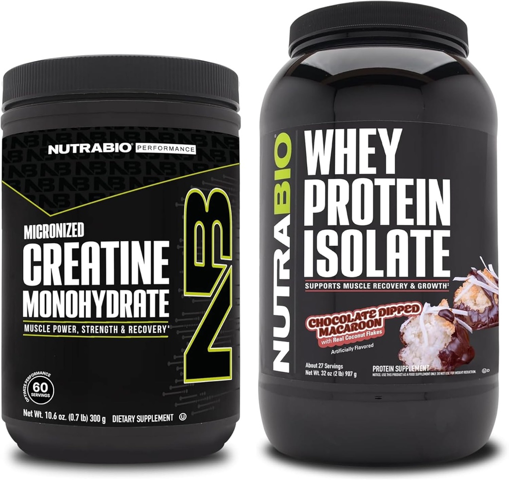 NutraBio Créatine monohydratée, non aromatisée, 300g et Isolate de protéines de lactosérum, Macaroon trempé au chocolat, lot supplémentaire - Énergie musculaire, croissance musculaire maigre, récupération et force