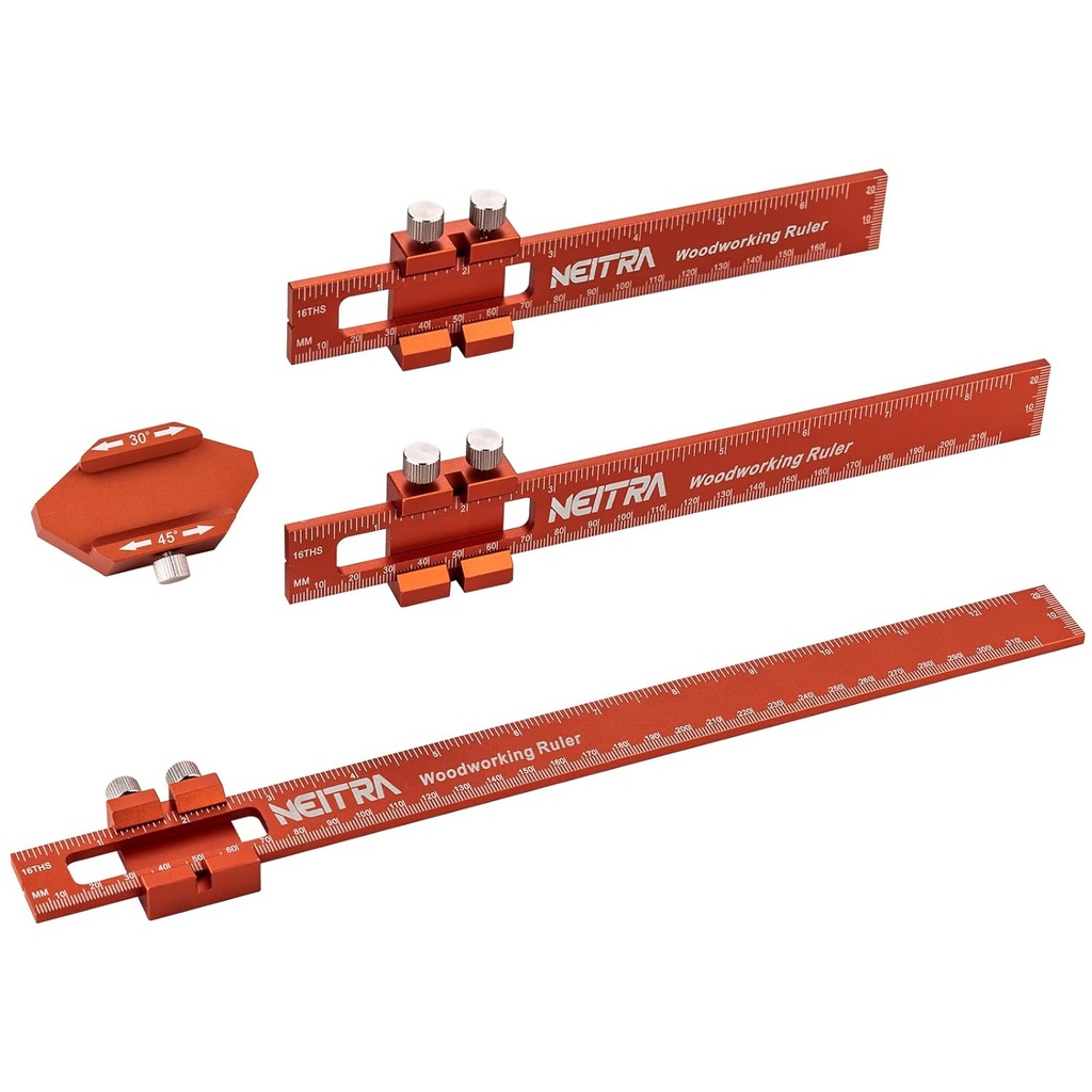 Woodworking Liniaal, Neitra 3PCS (6/8/12 Inch) metaal zak regel met een 45° & 30° schuif Stop voor het meten van precisie, schuif Stop Aluminium regel voor het markeren van Inch en Metric T-Type Scribing Liniers Square