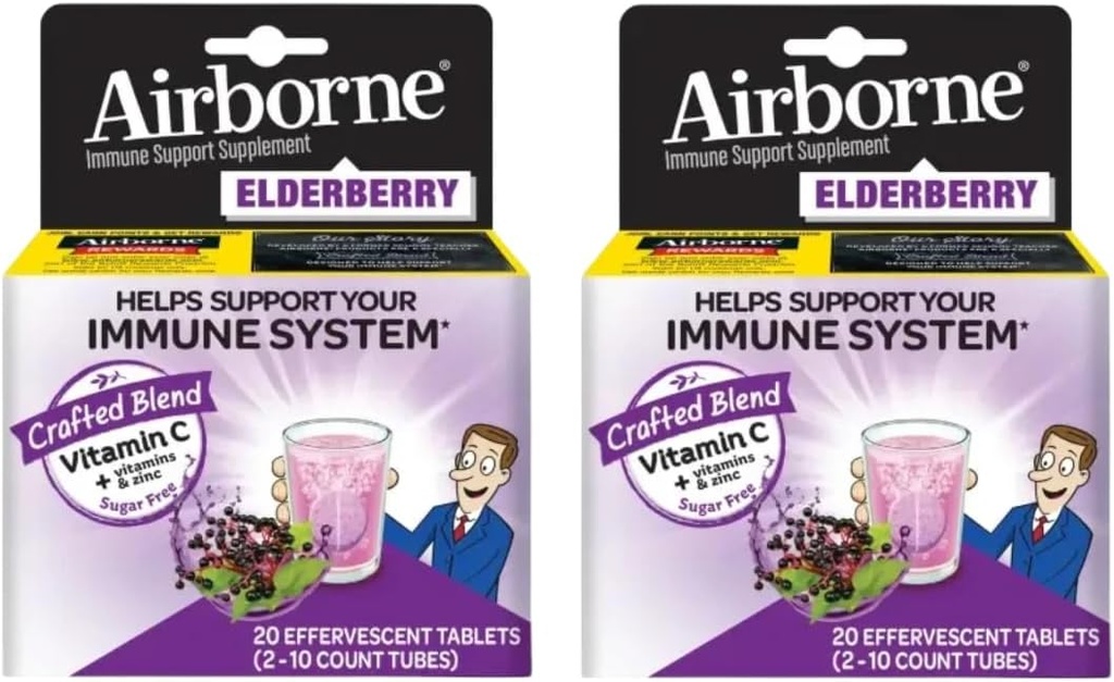 Vlierbes Extract + Vitamine C 1000mg (per portie) - Airborne Bruistabletten (20ct), Glutenvrije Immune Ondersteuning Supplement, met Vitaminen A C E, ZINC & Selenium, Suikervrij (verpakking van 2)