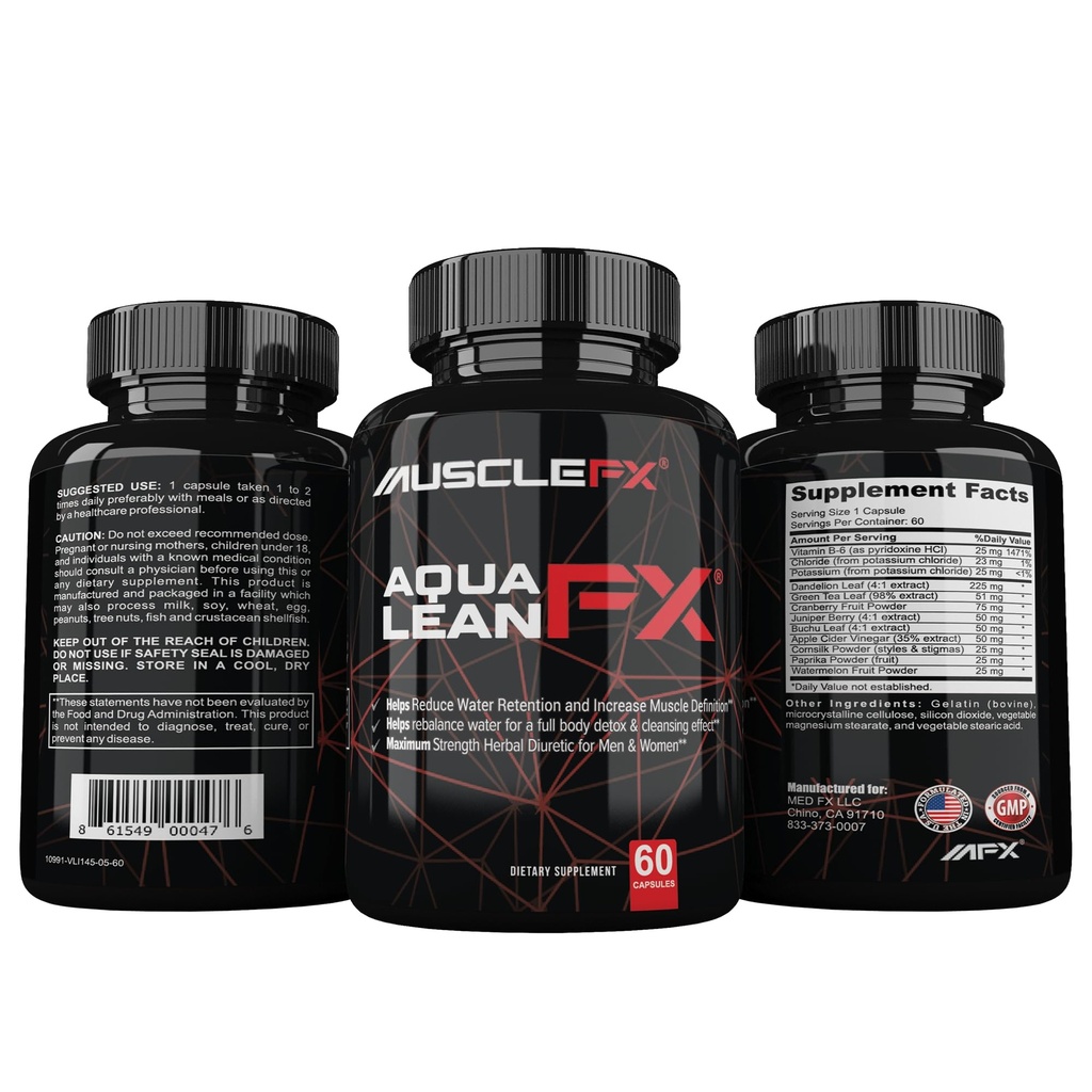AquaLean FX Force maximale Pilules d'eau diurétique pour la rétention d'eau et la défense musculaire maigre pour les hommes et les femmes, 60 capsules