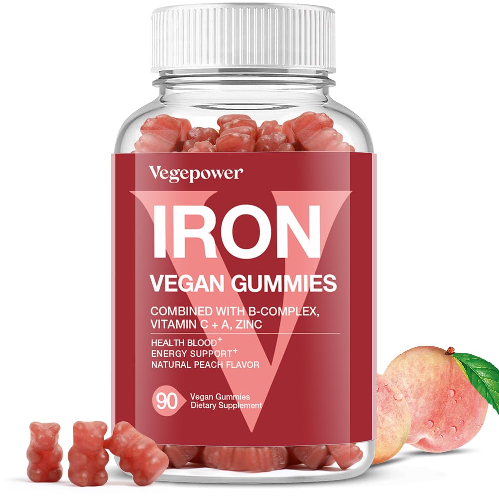 Vegan Iron Gummies Supplement - met vitamine C, A, B-complex, Folate, zink voor volwassenen en kinderen - Gezondheid Bloed en energie Ondersteuning voor ijzertekort, anemie, geen smaak - Peach Flavor (90 Ct)