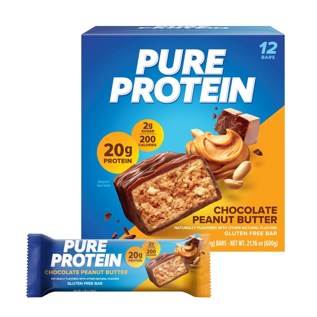 Barres de protéines pures, haute protéine, collations nutritives pour soutenir l'énergie, faible sucre, sans gluten, beurre d'arachide au chocolat, 1,76oz, 12 Compte (paquetage mai Vary)