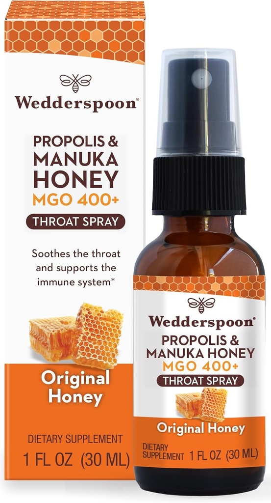 Wedderspoon Propolis en Manuka Honey Throat Spray, Original Honing, 1 Fl Oz (pakket van 1), Sore Throat Relief, Natural Immune Support