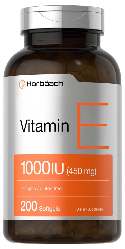 Horbäach Vitamine E 1000 UI Capsules de softgel (en anglais seulement) 200 Nombre (en anglais seulement) Non-OGM, sans gluten, sans conservateur (en anglais seulement) Huile de vitamine E