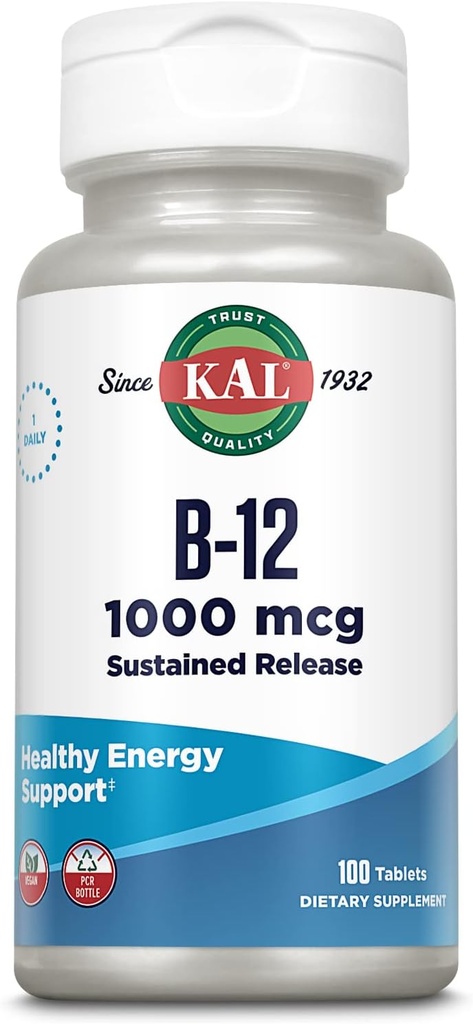 KAL Vitamine B12 1000mcg, Sustained Release Supplement voor gezonde energie, stofwisseling, hartgezondheid, zenuw- en rodebloedcelondersteuning, Lang aanhoudende Formule, Vegan, 100 Servings, 100 Tablets