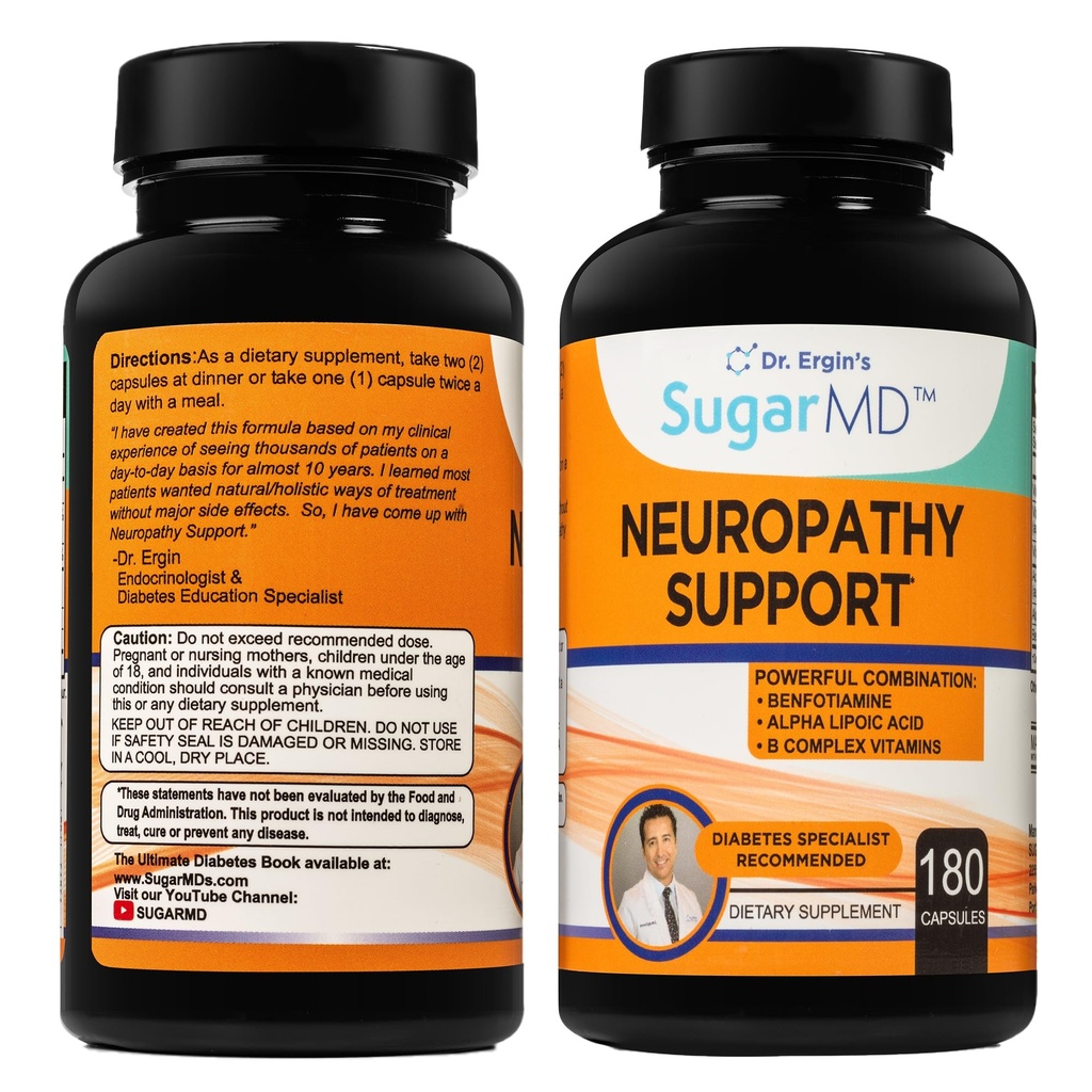 SugarMD Neuropathy Support Supplement 180 Nerve Supplement Capsules with Alpha Lipoic Acid, Benfotiamine & Vitamin D3 B6 B12 - Nerve Support Supplement for Feet Hands Fingers & Legs - 90 Day Supply