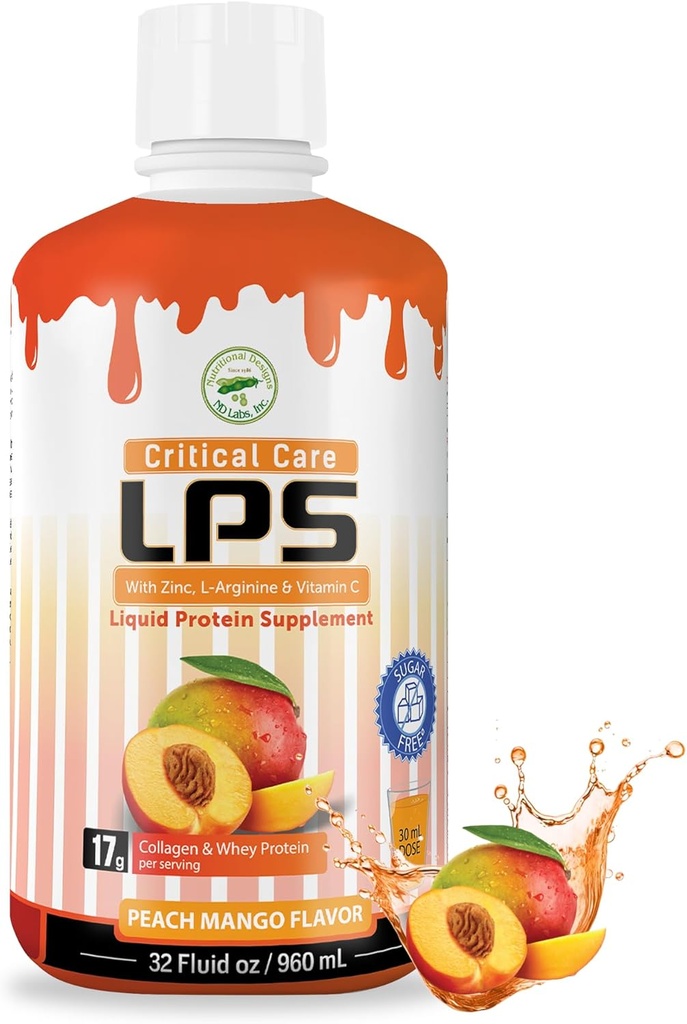 Voedingsdesigns LPS Liquid Collageen & Wei Protein Supplement, Sugar-Free, Non-GMO Drink, bevordert gezonde huid en haar voor mannen en vrouwen. (Kritical Care) Peach Mango