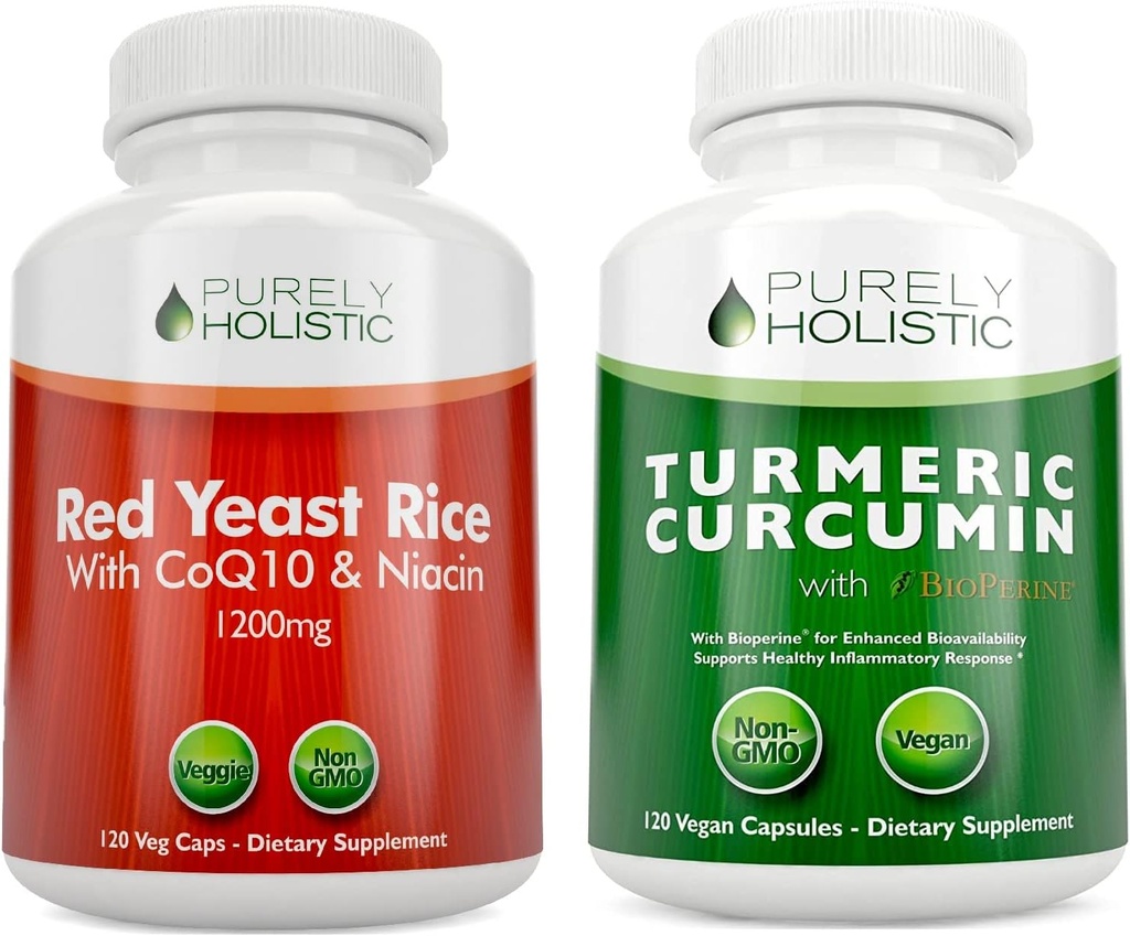Riz de levure rouge 1200mg & Niacine + Curcumine curcuma biologique 700mg & Bioperine fournissant 95% Curcuminoides - 240 Capsules végétariennes