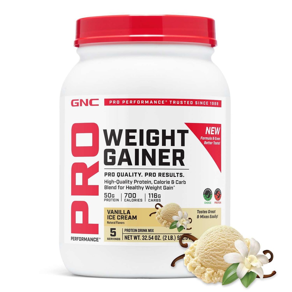 GNC Pro Performance Weight Gainer Protein Powder, 50g Proteïne, Hoge Calorie, 700 Calorieën, Ondersteunt Mass and Muscle Recovery, MCT, BCAA, 3rd Party Tested, Vanilla Ice Cream, 6 Servings, 2.5 lbs