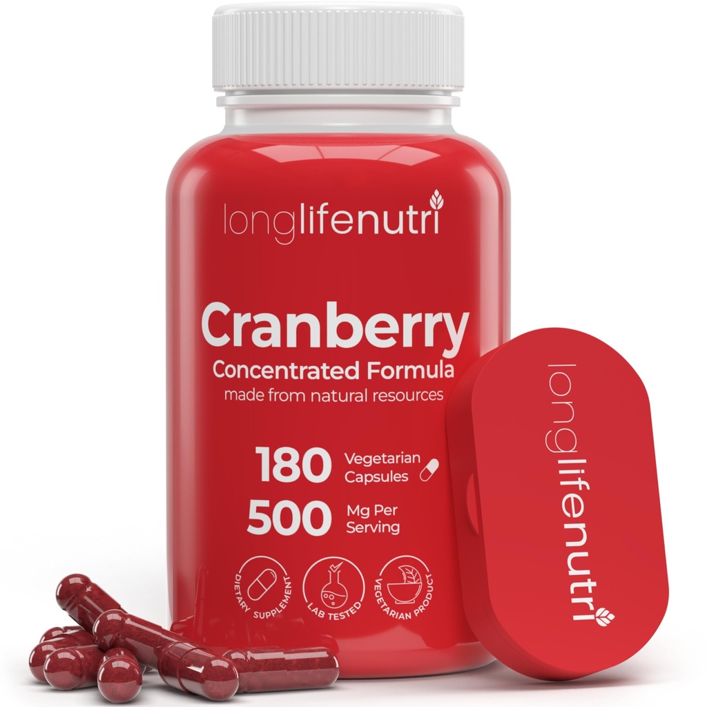 LongLifeNutri Cranberry Extract met vitamine C & E - Pure Geconcentreerde Formule, 500 mg per portie, 180 Vegetarische Capsules, Urinaire Tract Health & Bladder, 6 maanden levering, Made in USA