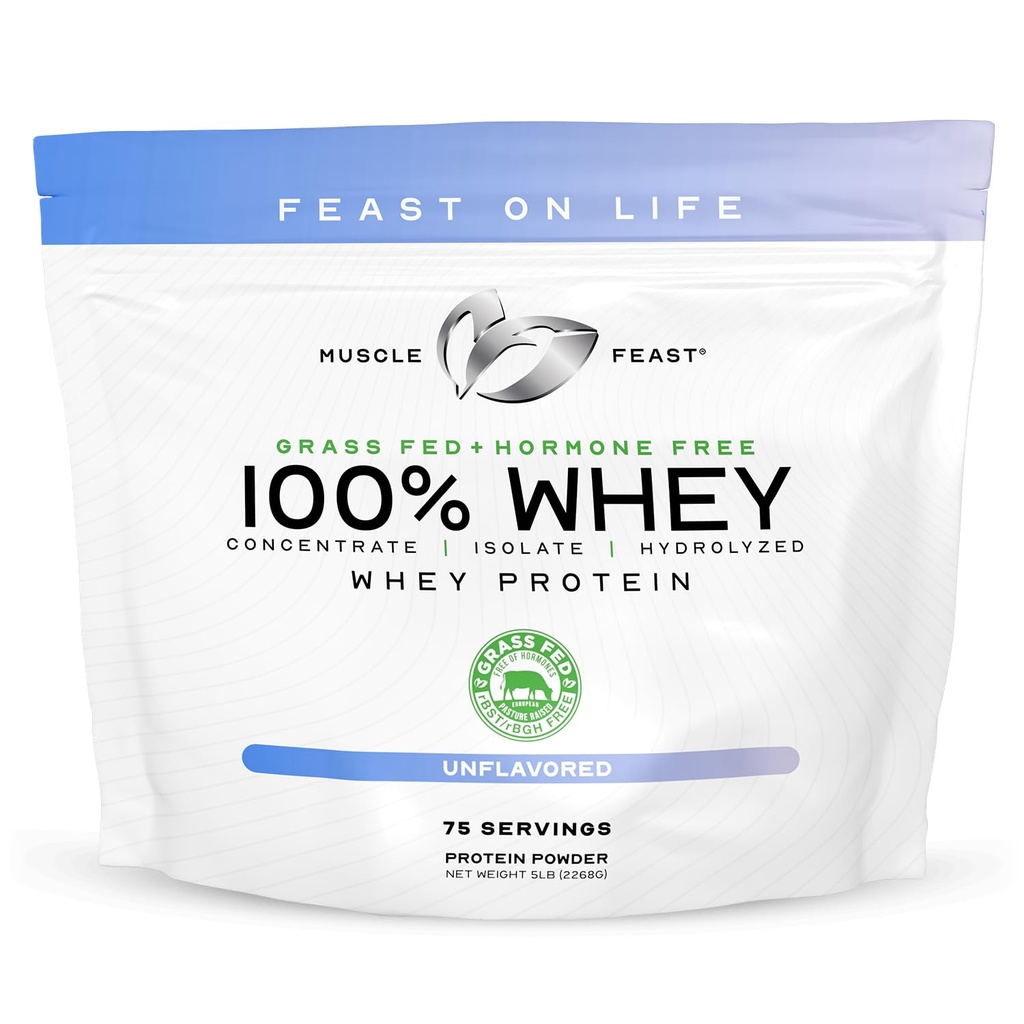Muscle Feast 100% Grass Fed Wei Proteïne Poeder, Alle Natuurlijke Hormone Gratis Paure Verhoogd Wei Proteïne Poeder voor Vrouwen & Mannen- Wei Concentraat, Isolaat & Gehydrolyseerde Proteïne Poeder Blend- Unflavored, 5lb