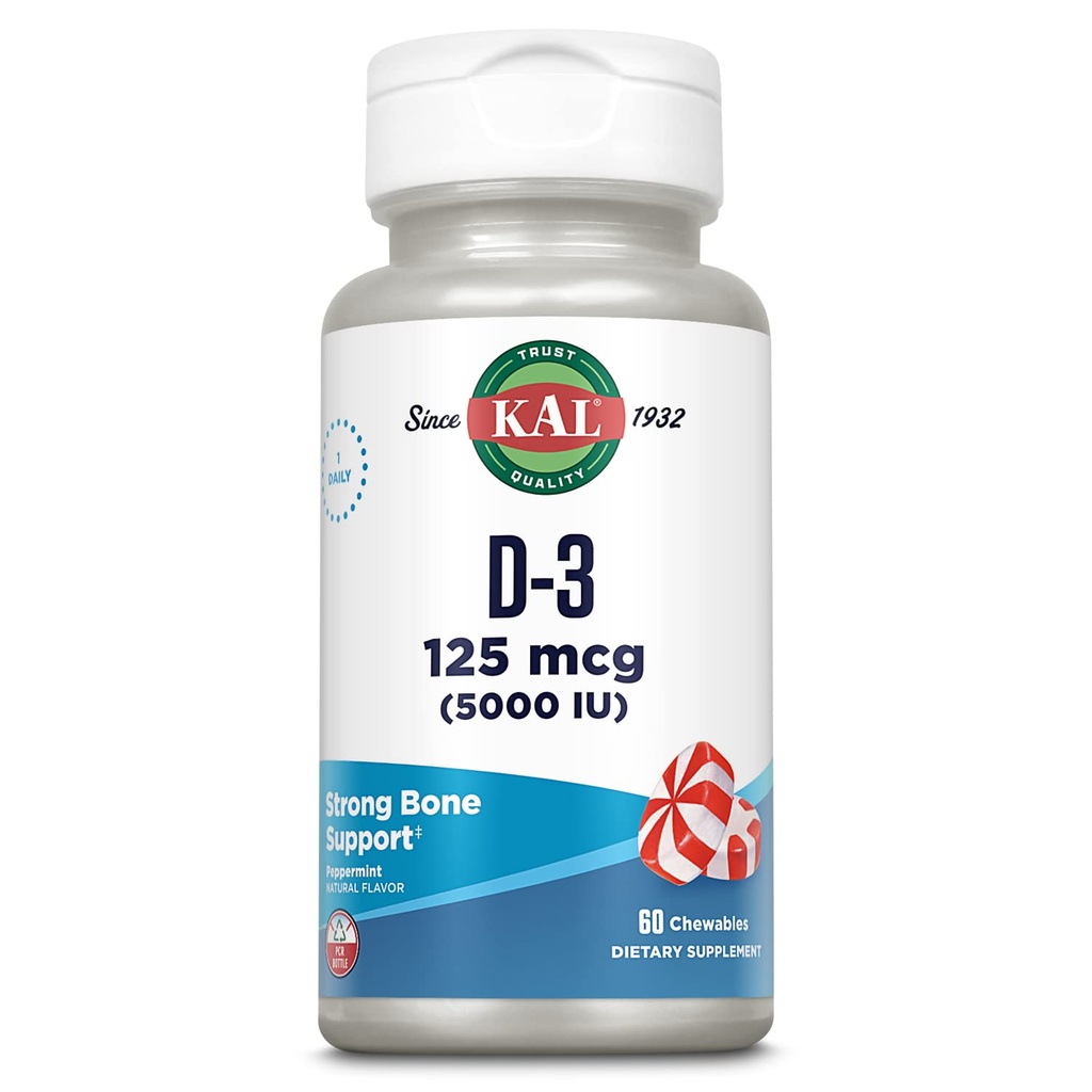 KAL Vitamine D3 5000 UI 125 mcg, Haute puissance Vitamine D Récupérateurs, Absorption de calcium, Supplément de soutien osseux et immunitaire, Saveur naturelle de menthe poivrée, garantie de 60 jours, 60 portions, 60 portions