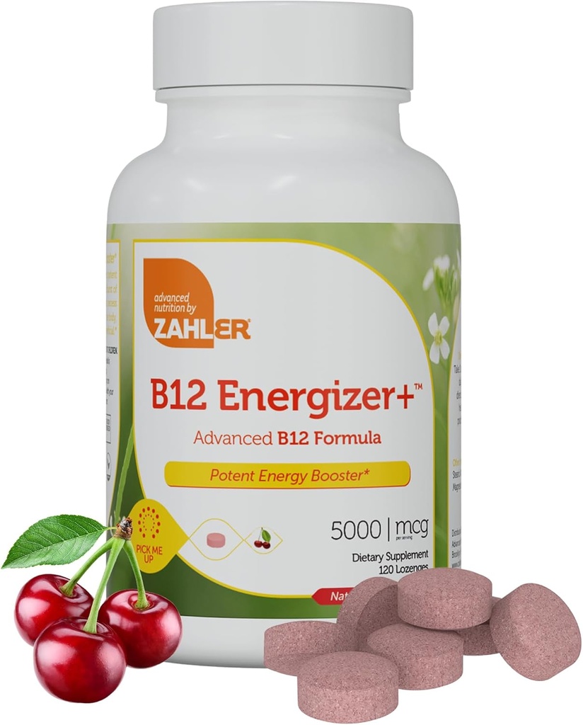 Zahler Energizer+ Vitamine B12-5000 mcg Vitamine B12 - Losanges dissolvables au goût de cerise naturelle - Sans gluten sans gluten sans OGM B12 Vitamines 5000 mcg, Boost énergétique, Fabriqué aux États-Unis (120 Nombre)