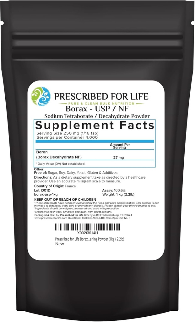 Prescripted for Life Borax Powder, Pure USP NF Grade Tous les borate de sodium naturel en poudre, booster de blanchisserie domestique, activateur de slim et poudre de nettoyage polyvalente (1kg / 2.2lb)