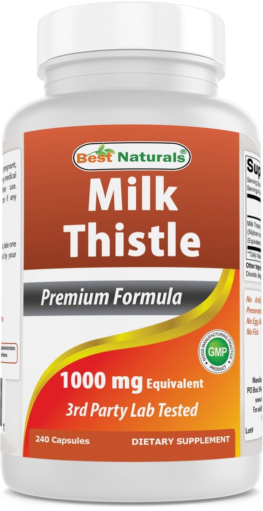Best Naturals Milk Thistle Extract 1000mg Equivalent - 240 Capsules - Non-GMO en Glutenvrij (240 Tel (verpakking 1))