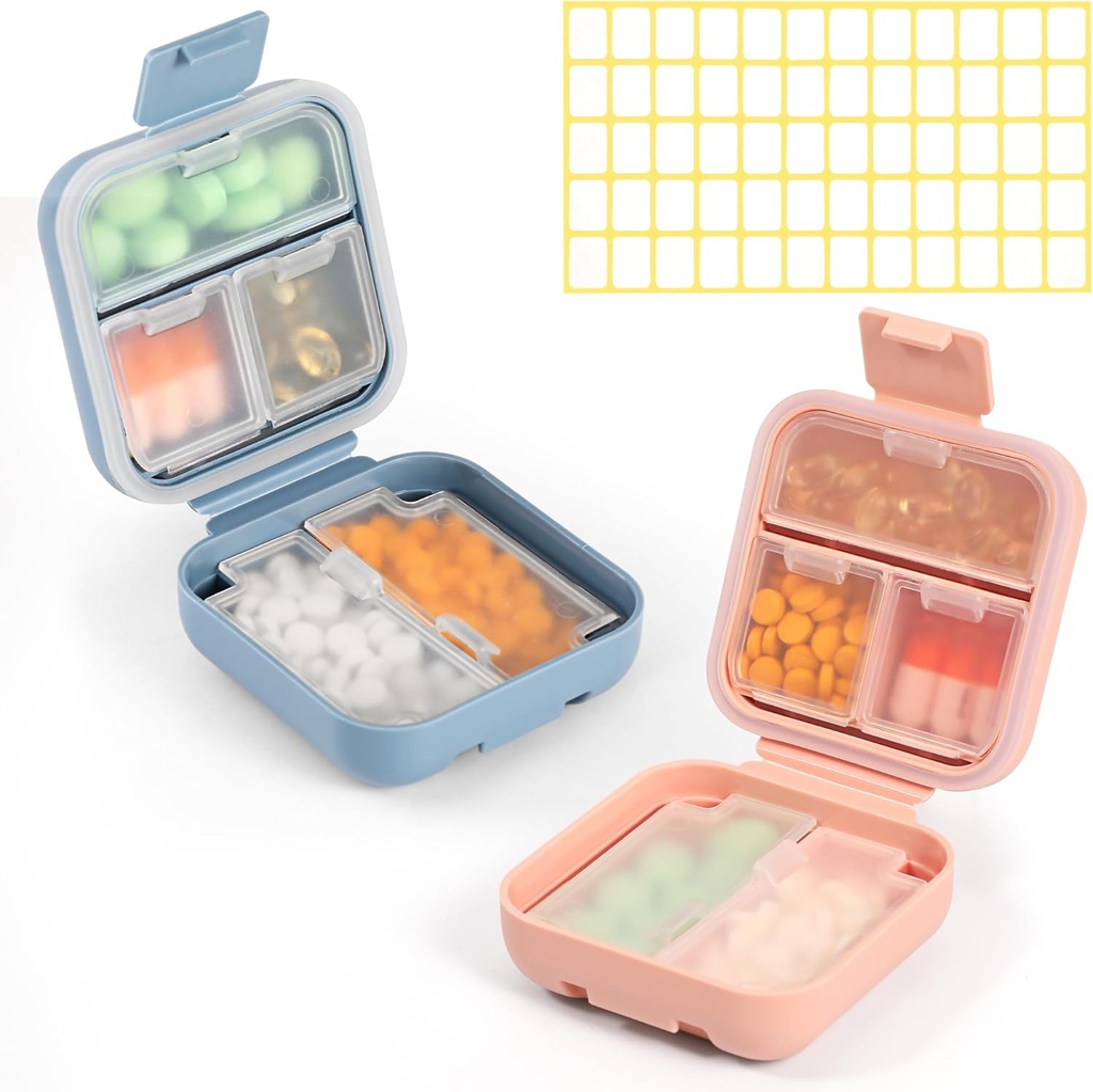 Dynippy Daily Pill Organizer 5 Compartiments Portable Hydraure Proof Petite Pill Case for Pocket Purse Travel Pill Box Portable Medicine Vitamine Fish Oil Holder Container (Blue Pink)