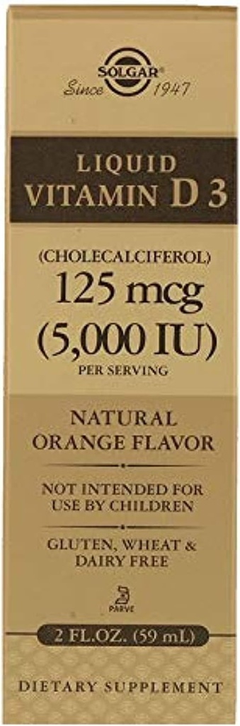 Solgar Liquid Vitamin D3 125 mcg (5.000 IE) - 2 fl oz - Heerlijke, natuurlijke sinaasappelsmaak - helpt gezonde botten en tanden - Immuunsysteemondersteuning - Glutenvrij, zuivelvrij, Kosjer - 59 porties