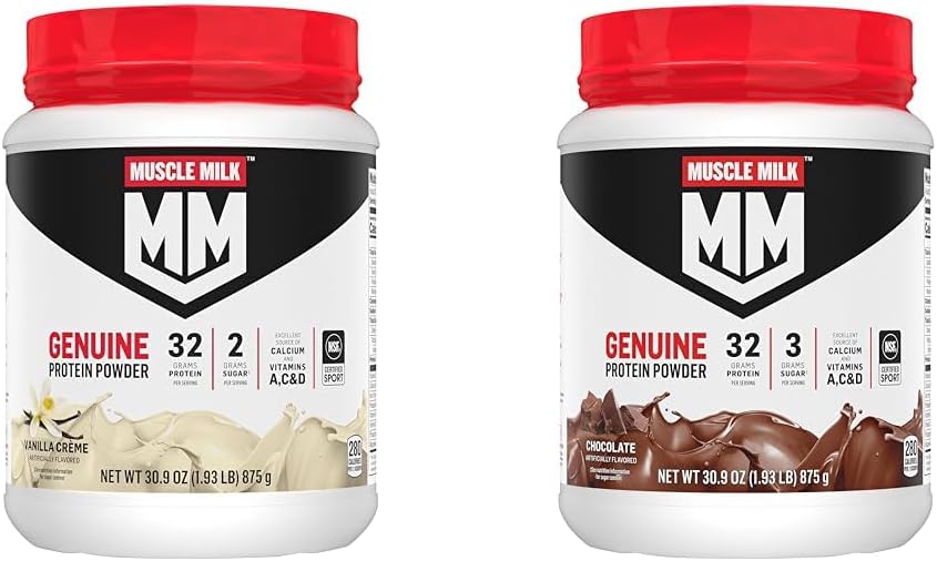 Muscle Milk Originele Proteïne Poeder Bundle, Vanilla Crème 1.93 Ponden 12 Serves 32g Proteïne 2g Suiker en Chocolade 1,93 Ponden 12 Serves 32g Proteïne 3g Suiker