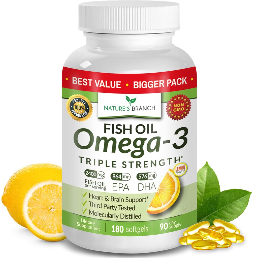 Best Triple Strength Omega 3 Fish Oil Pillen - 180 Capsules - 2400mg High Potency Burpless Lemon Flavor 864mg EPA 576mg DHA Ultra Pure Liquid Softgels voor Hersengewrichten Ogen Hart Gezondheid Supplement
