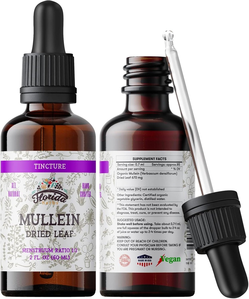 Mullein Tinctuur Extract, Biologische Mullein (Verbascum densiflorum) Gedroogd Blad Kruidensupplement in Cold-Pressed Plantaardige Glycerine 670 mg