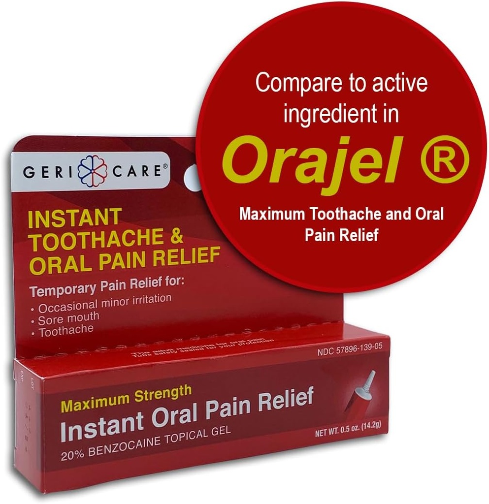 GeriCare Benzocaine 20% Force maximale Gel de soulagement de la douleur instantanée et des dents 0,5 oz. Traitement de la douleur à action rapide pour les dents, l'irritation de la gum, la sensibilité et les plaies de bouche, (paquet de 1)