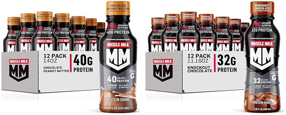 Muscle Milk Pro Series Chocolade Pindakaas Proteïne Shake 40g Proteïne Pack van 12 & Pro Advanced Nutrition Knockout Chocolade Proteïne Shake 32g Proteïne Pack van 12