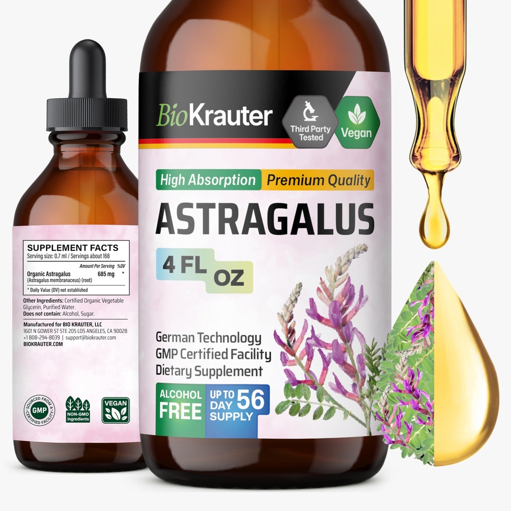 BIO KRAUTER Astragalus Tinctuur - Astragalus Root Extract voor Immune Ondersteuning - Alcohol en Suikervrij - Hoge Absorptie - Vegan Drops 4 Fl.Oz.