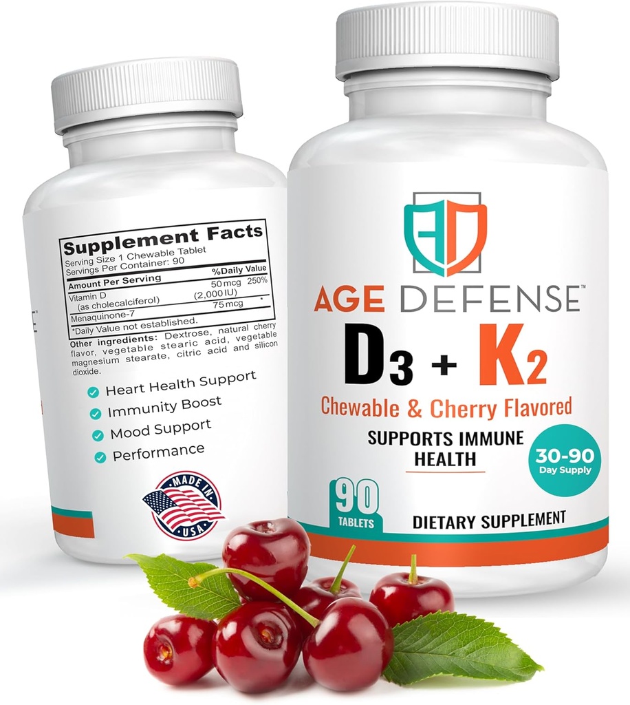 Vitamine D3 2000 IE met K2-90 Kauwtabletten met Cherry Flavoring-Natural Energy Booster-Supports vitaliteit, Immune Health, & Algehele Wellness-Vitamin D3 met vitamine K2 voor mannen en vrouwen