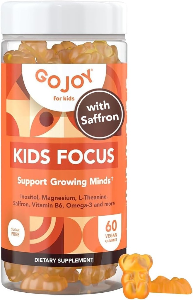 Gummies de Focus Enfants - 7-en-1 Focus & Attention Supplément pour enfants et adolescents avec extrait de safran, glycinate de magnésium, L-Theanine, Inositol et plus - Vegan, gluten et sans sucre, non-OGM