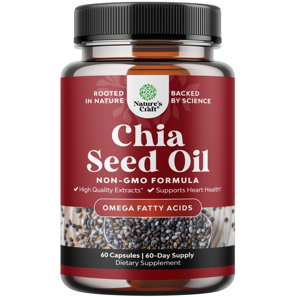 Chia Seed Oil Extract Capsules - Plant Based Omega 3 6 9 Supplement en Dagelijkse Fiber Capsules voor Volwassenen Digestieve en Immune Ondersteuning en Hart Gezondheid - Omega 3 Vetzuren Supplement voor mannen en vrouwen