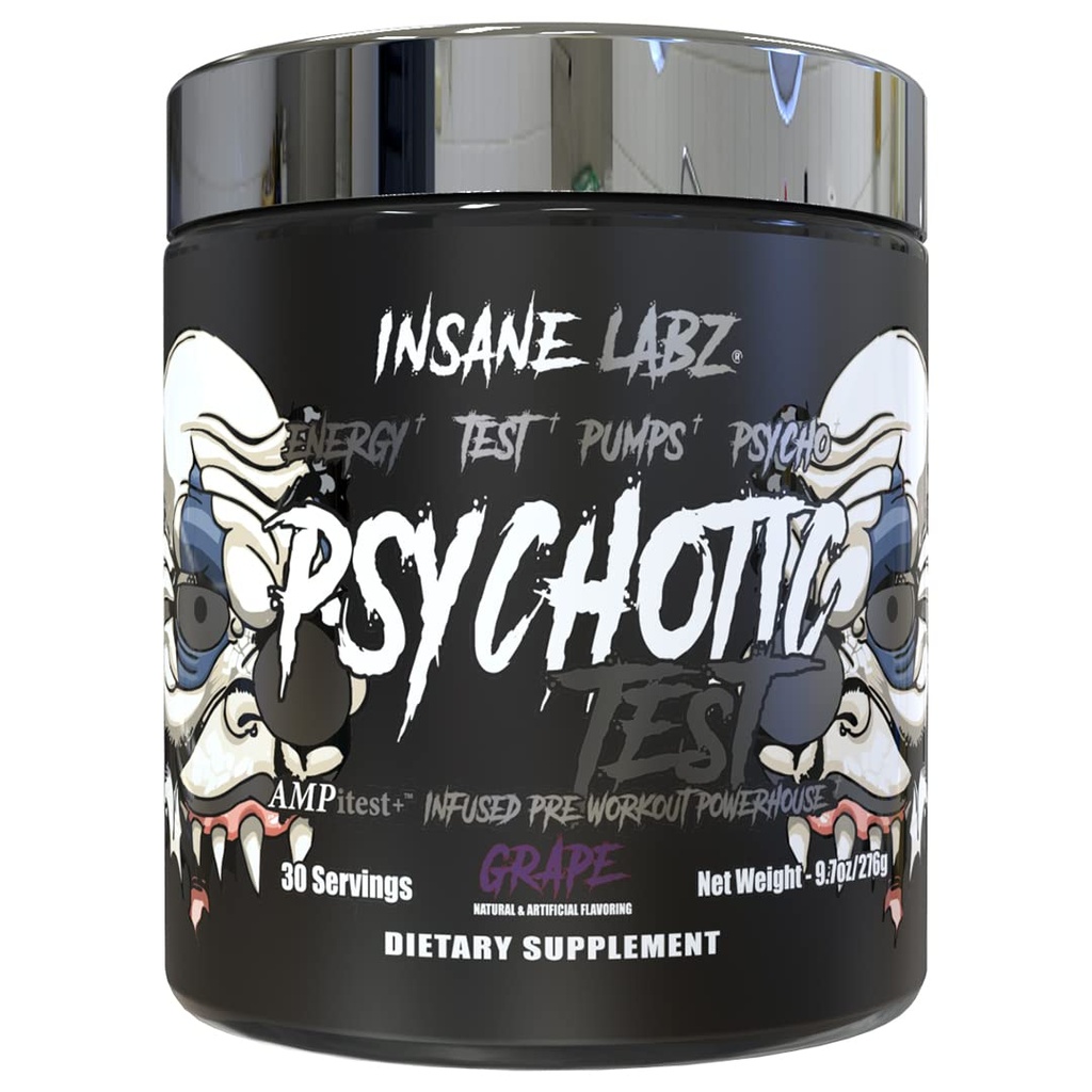 Insane Labz Psychotische Test, High Stim Testosteron Energy and Pump Boosting Pre-Workout Powder with DMAE Bitrate, D Asparatic Acid, Creatine HCL and Glycerol Monostarate, 30 Servings, Grape